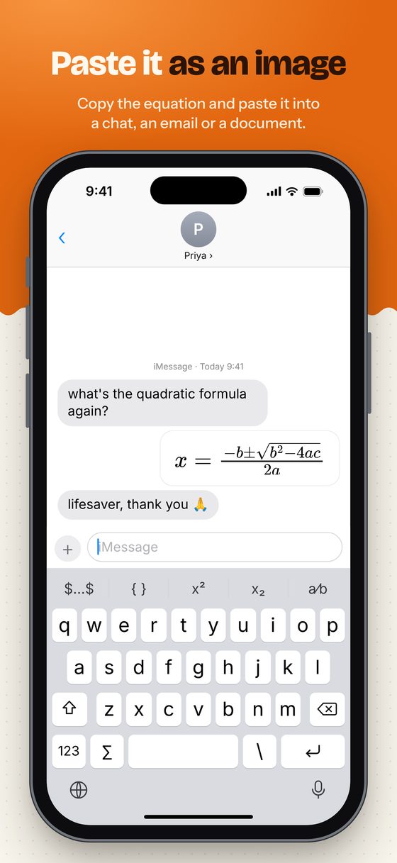 A rendered quadratic formula pasted into Messages