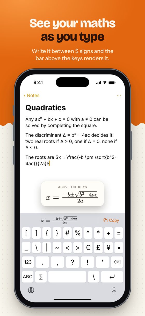 The keyboard showing the quadratic formula rendered above the keys